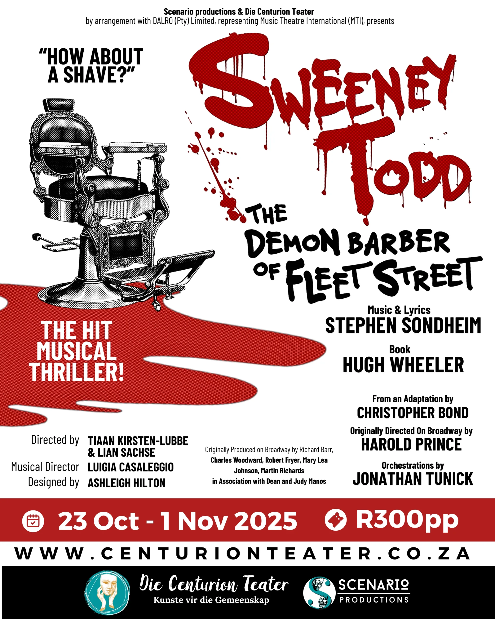 Music & Lyrics by Stephen SondheimBook by Hugh Wheeler From an adaptation by Christopher Bond Presented by arrangement with
DALRO (Pty) Ltd, representing Music Theatre International (MTI).
All authorised performance materials supplied by DALRO.
www.dalro.co.za | www.mtishows.com